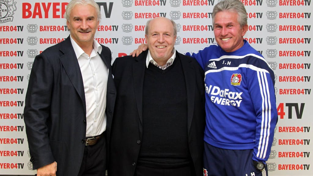 Der ehemalige Leverkusen-Sportdirektor Rudi Völler (l.) gemeinsam mit Reiner Calmund (M.) und Jupp Heynckes.