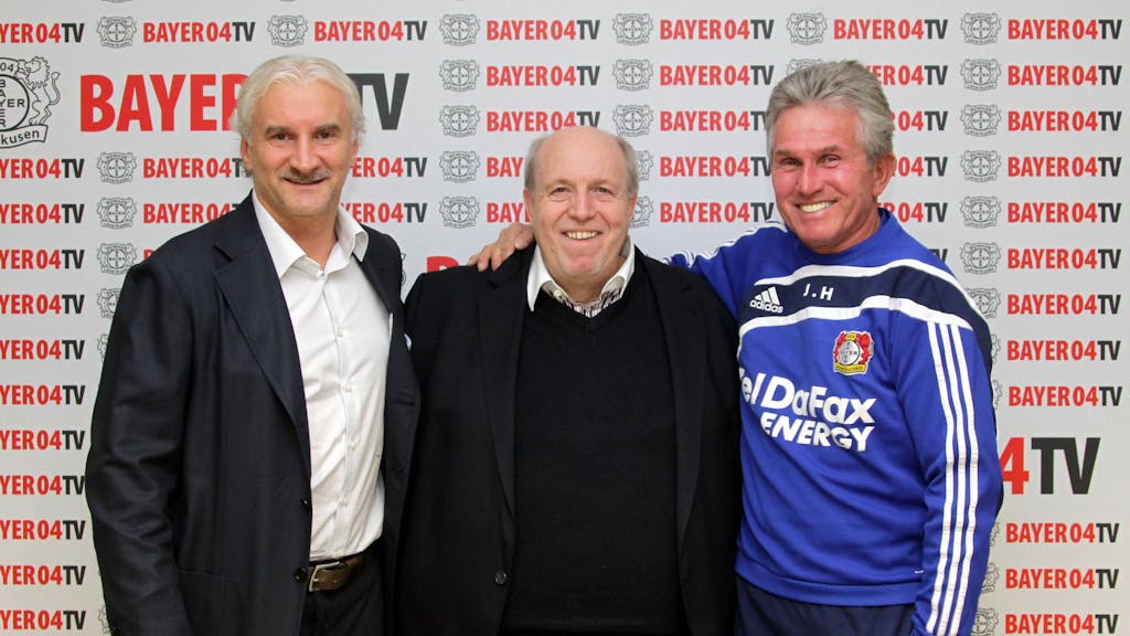 Der ehemalige Leverkusen-Sportdirektor Rudi Völler (l.) gemeinsam mit Reiner Calmund (M.) und Jupp Heynckes.
