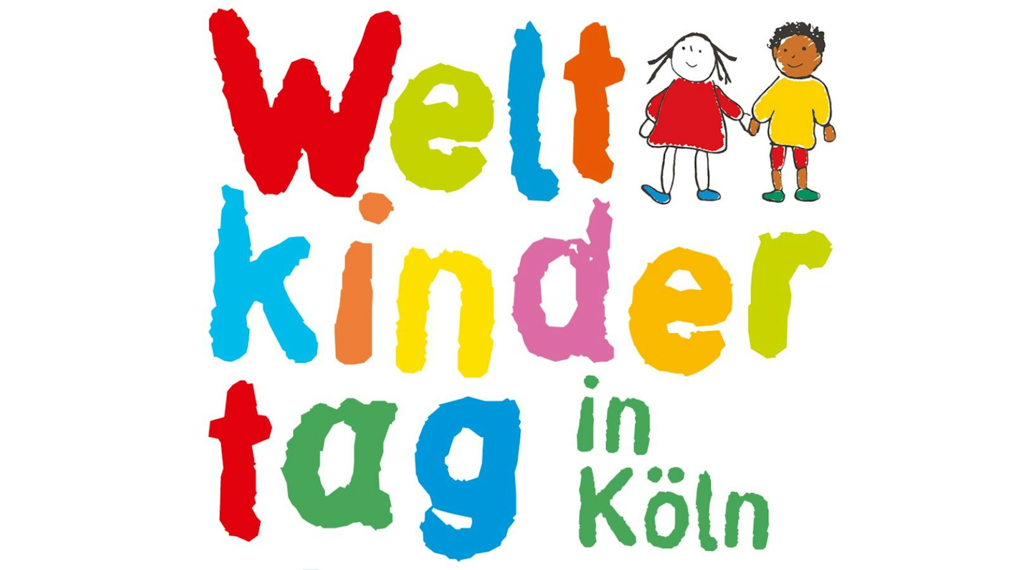 Das bunte Logo des Weltkindertags in Köln zeigt den Schriftzug und zwei gezeichnete Kinder, die sich an der Hand fassen.