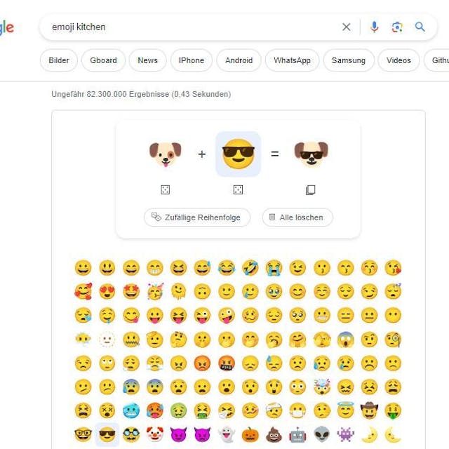 Screenshot der Emoji Kitchen in der Web-Suche von Google, Kombination aus Hunde- und Sonnenbrillen-Emoji