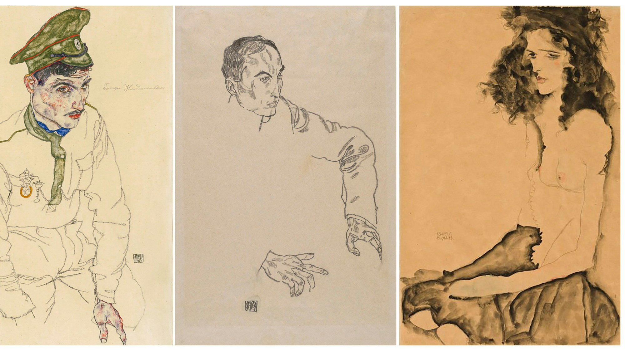 Diese von der Staatsanwaltschaft Manhattan zur Verfügung gestellte Bildkombination zeigt drei Kunstwerke des österreichischen Expressionisten Egon Schiele. Ein Aquarell (l-r) und eine Bleistiftzeichnung auf Papier mit dem Titel „Russischer Kriegsgefangener “ (Art Institute of Chicago), eine Bleistiftzeichnung auf Papier mit dem Titel „Männliches Bildnis“ (Carnegie Museum of Art) aus dem Jahr 1917 und ein Aquarell und eine Bleistiftzeichnung auf Papier mit dem Titel „Schwarzes Mädchen“ (Allen Memorial Art Museum) aus dem Jahr 1911.