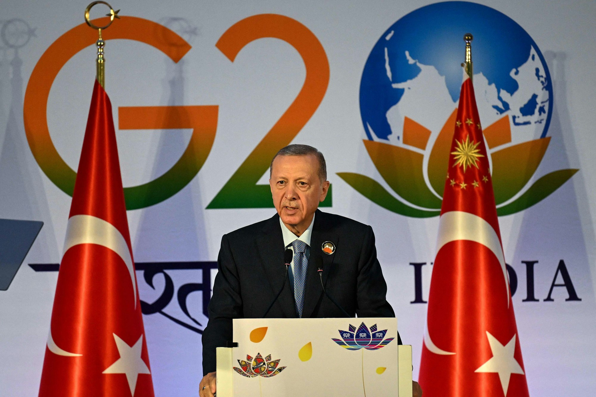 Turkey's President Recep Tayyip Erdogan speaks during a news conference after attending the G20 summit, in New Delhi on September 10, 2023. (Photo by Money SHARMA / AFP)