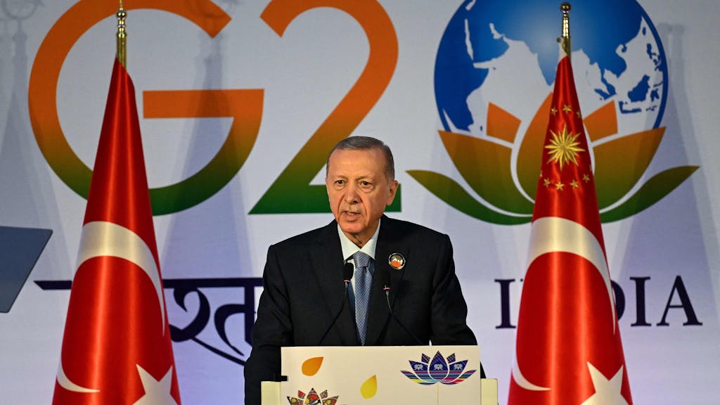 Turkey's President Recep Tayyip Erdogan speaks during a news conference after attending the G20 summit, in New Delhi on September 10, 2023. (Photo by Money SHARMA / AFP)