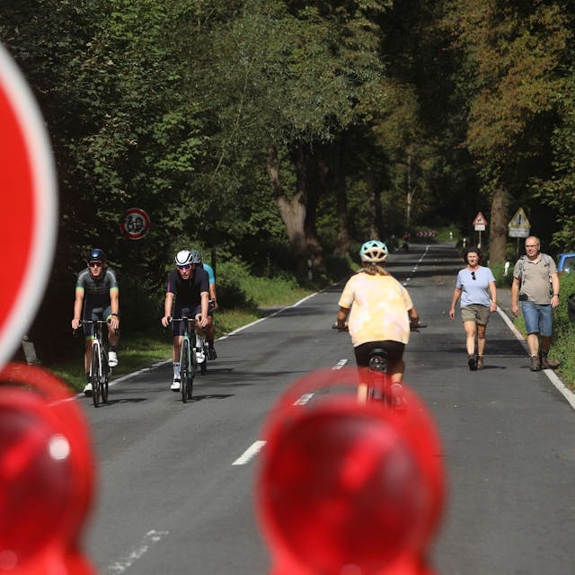 Hinter einem Verbotsschild für Motorräder und Autos sieht man Radfahrer und Wanderer auf einer langen, baumgesäumten Straße.