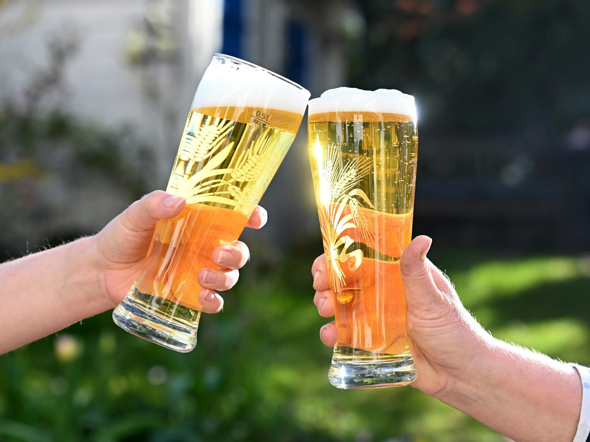 Mit Bier gefüllte Gläser, mit denen zwei Personen anstoßen.