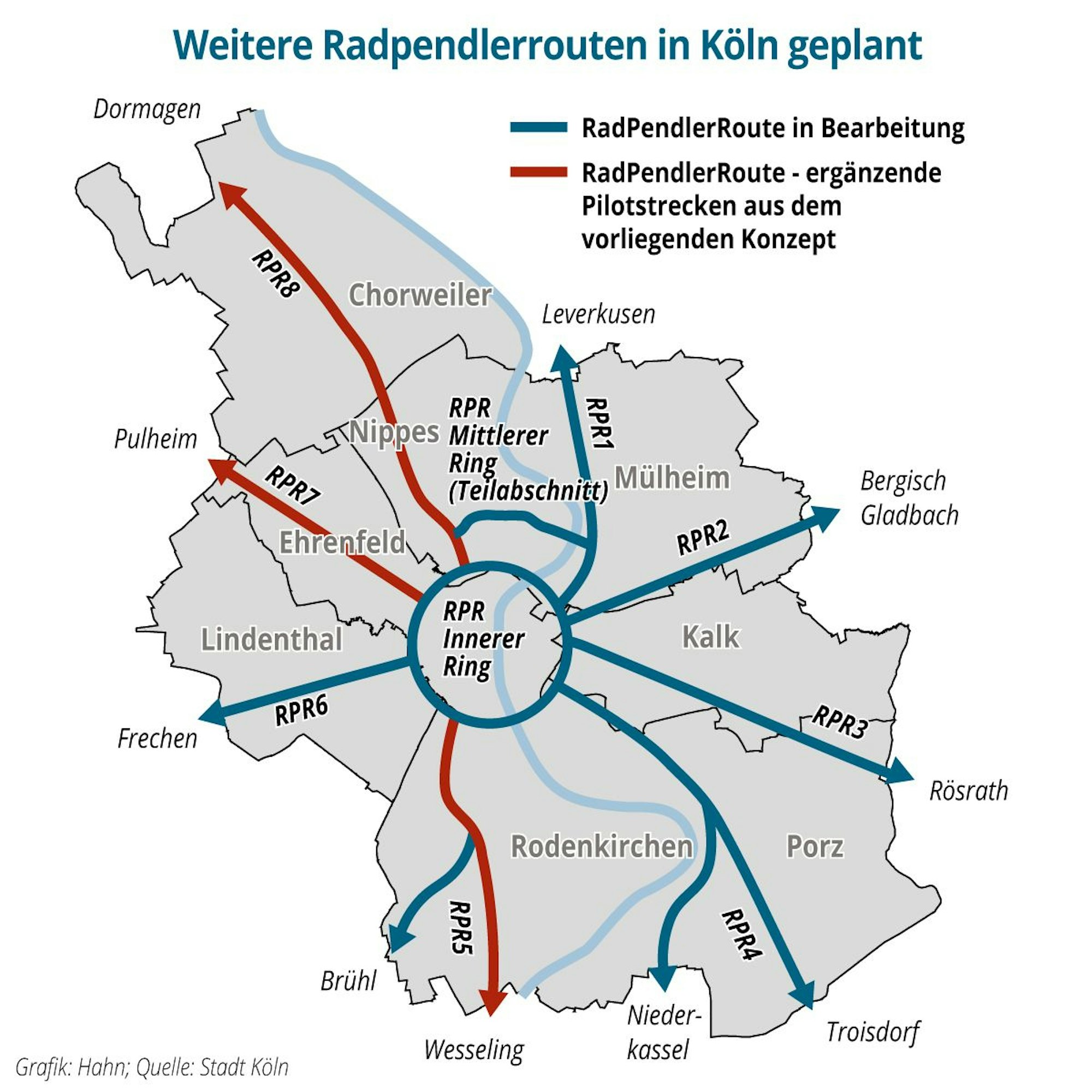 Die Grafik zeigt die geplanten Radpendelrouten in und um Köln.