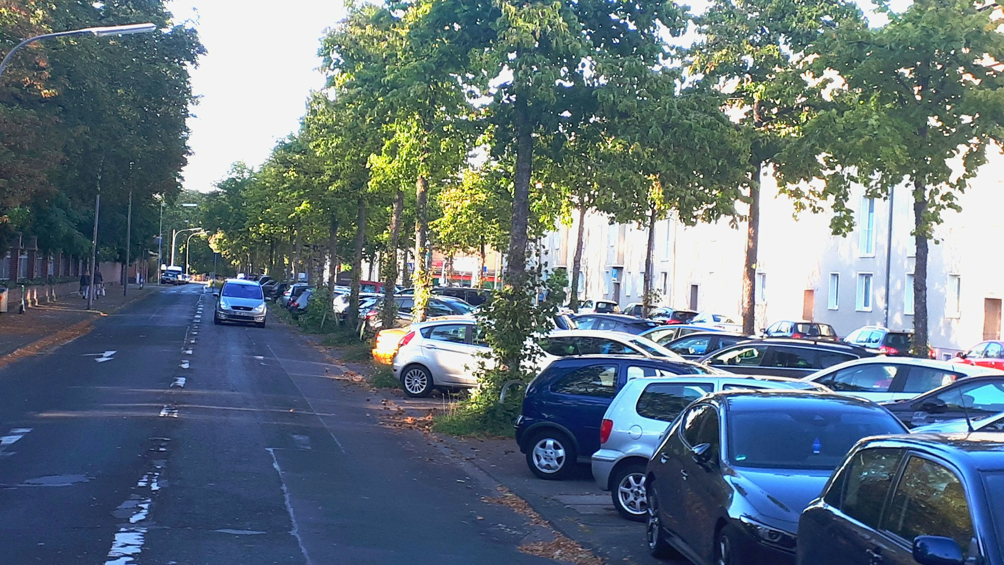 Viele Autos parken auf der Mittelallee einer mehrspurigen Straße.