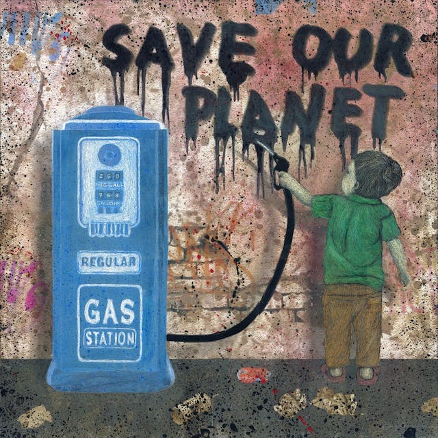 Ein Kind schreibt mit der Zapfpistole einer Tankstelle den Schriftzug „Save our Planet“ auf eine Mauer. Das Ganze ist das Bild des Künstlers Peter Mück.