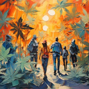 Illustration: Menschen gehen durch einen Wald von Cannabis.Blättern