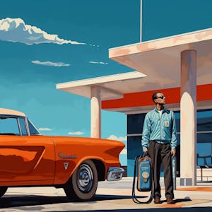Illustration:  Ein Tankstellenwart steht an einer Zapfsäule