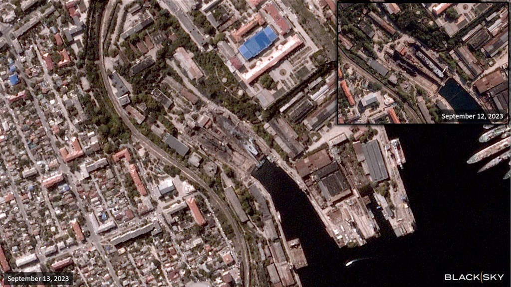 Diese Satellitenbild, das von BlackSky am 13. September 2023 erstellt und veröffentlicht wurde, zeigt eine Gesamtansicht der Sewastopol-Werft auf der Krym