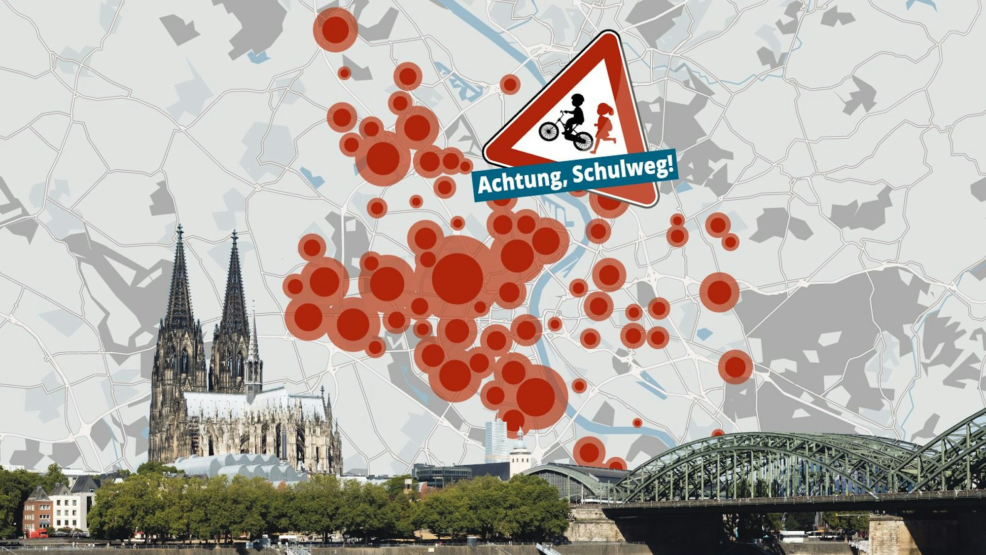 Eine Collage zeigt einen Stadtplan Kölns mit eingezeichneten Brennpunkten, das Logo der Aktion „Achtung, Schulweg“ sowie das Stadtpanorama Kölns mit Kölner Dom und Hohenzollernbrücke.