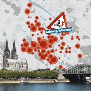 Eine Collage zeigt einen Stadtplan Kölns mit eingezeichneten Brennpunkten, das Logo der Aktion „Achtung, Schulweg“ sowie das Stadtpanorama Kölns mit Kölner Dom und Hohenzollernbrücke.