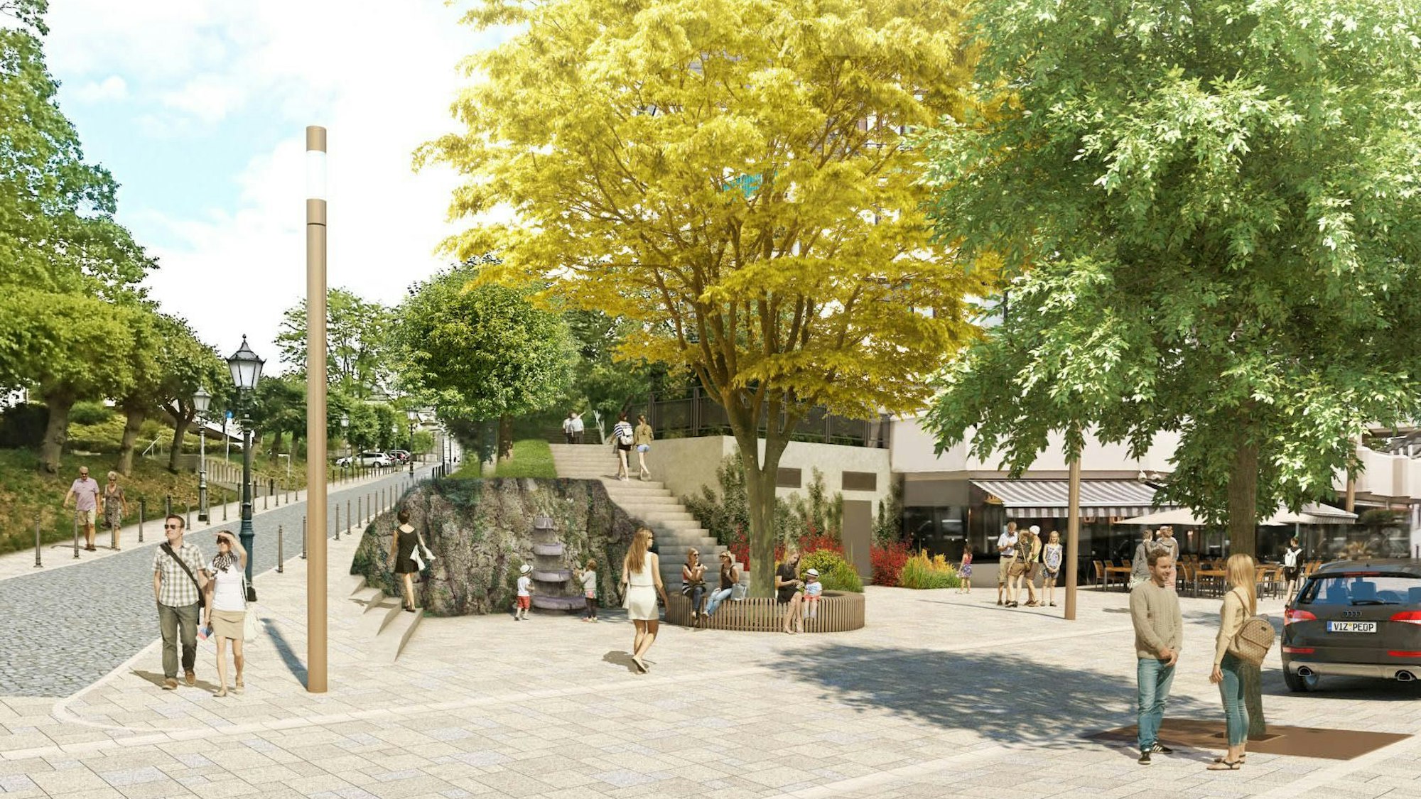 Eine Entwurfszeichnung zeigt die Lage des neuen Emilienbrunnens mit einem Baum auf dem kleinen Platz davor.