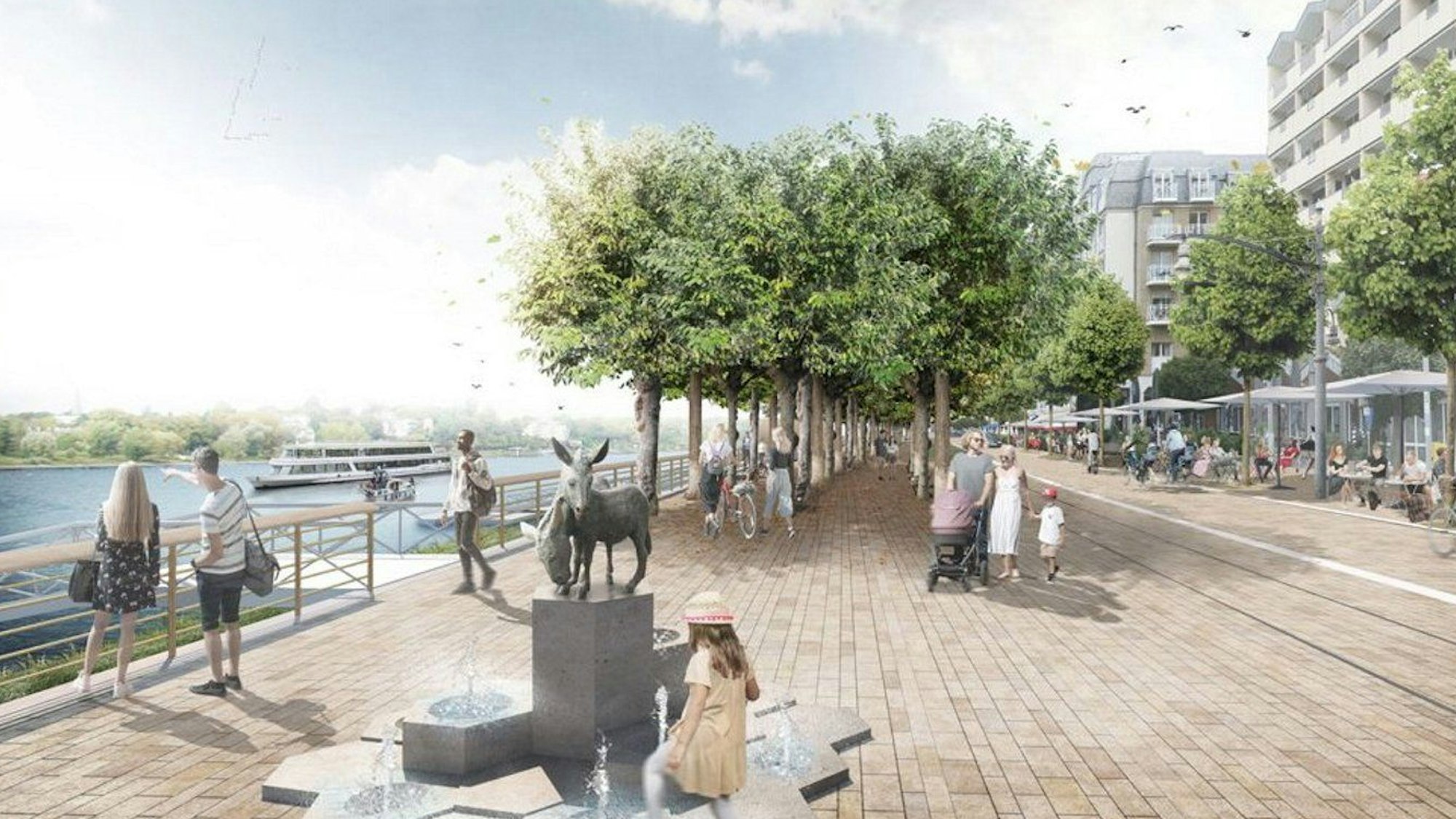 Eine Visualisierung zeigt, wie die Rheinpromenade umgestaltet werden könnte. Im Vordergrund steht der Eselsbrunnen.