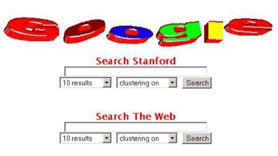 Ein altes Layout mit dem Google-Logo und einem Suchfeld für Stanford-Webseiten und einem zweiten für das gesamte Internet aus den Anfängen, das genau Datum des Screenshots ist unbekannt.