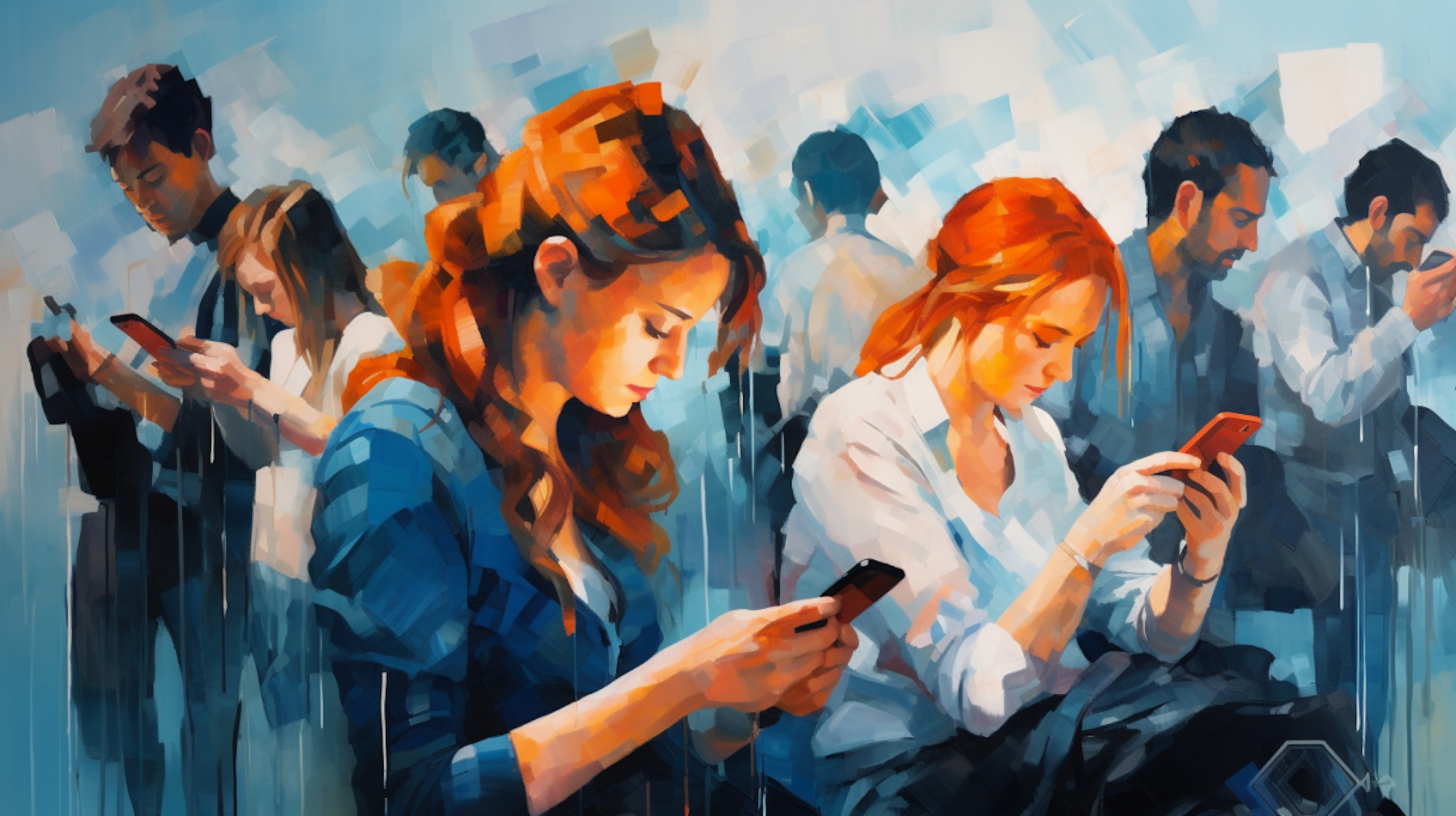 Illustration: Menschen starren mit gesenktem Kopf auf ihre Smartphones.