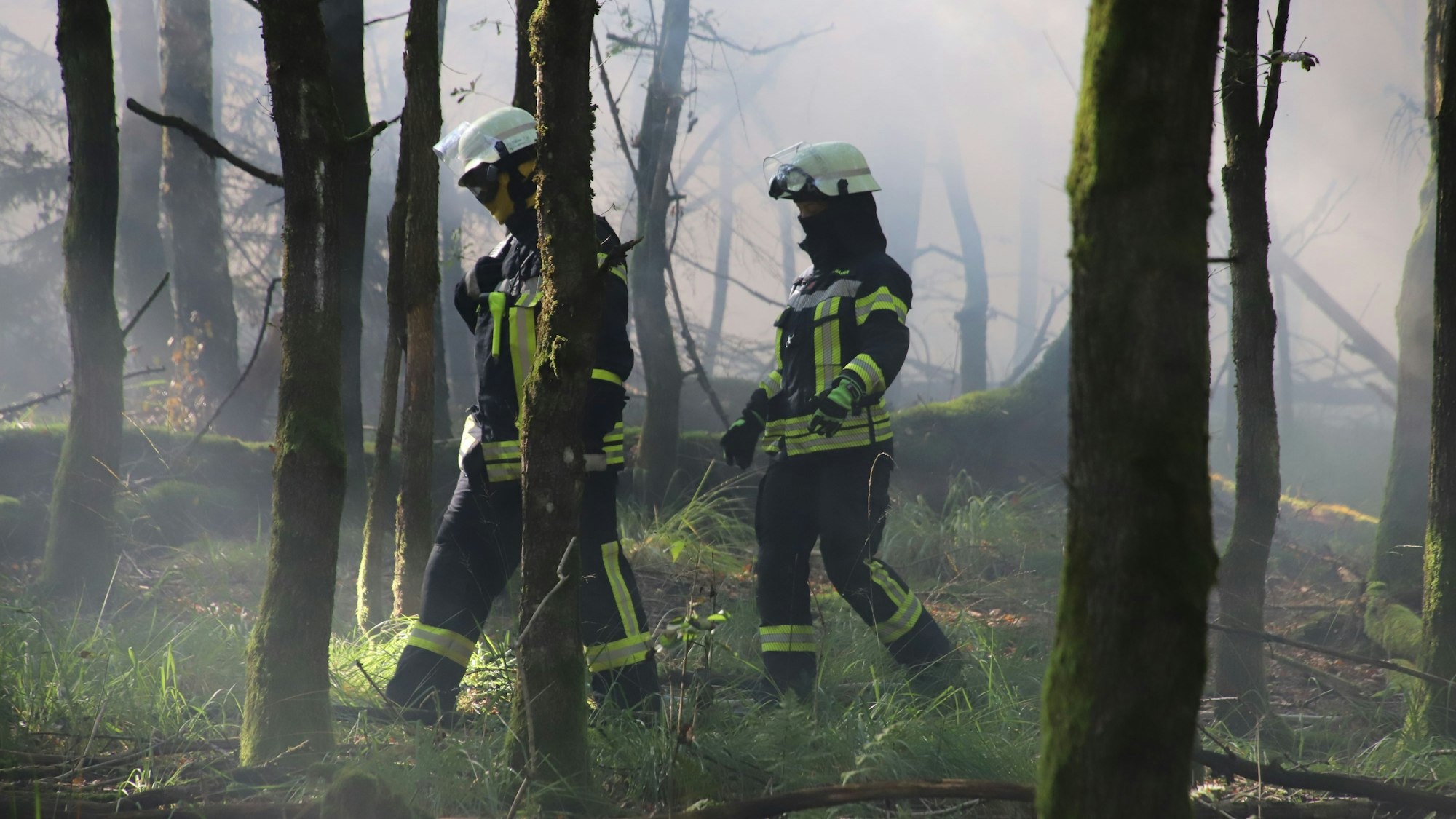 Die Feuerwehren aus Bad Honnef und Unkel, unterstützt von Bonn und Königswinter haben eine große Waldbrandübung gemeinsam mit dem Technsichen Hilfswerk (THW) am Asberg durchgeführt, als länderübergreifende Kooperation. Trupps, unter anderem mit Löschrucksäcken, waren an vorderster Front. Hier gehen ein Feuerwehrmann (links) und eine Feuerwehrfrau durch die Rauchschwaden im Wald.