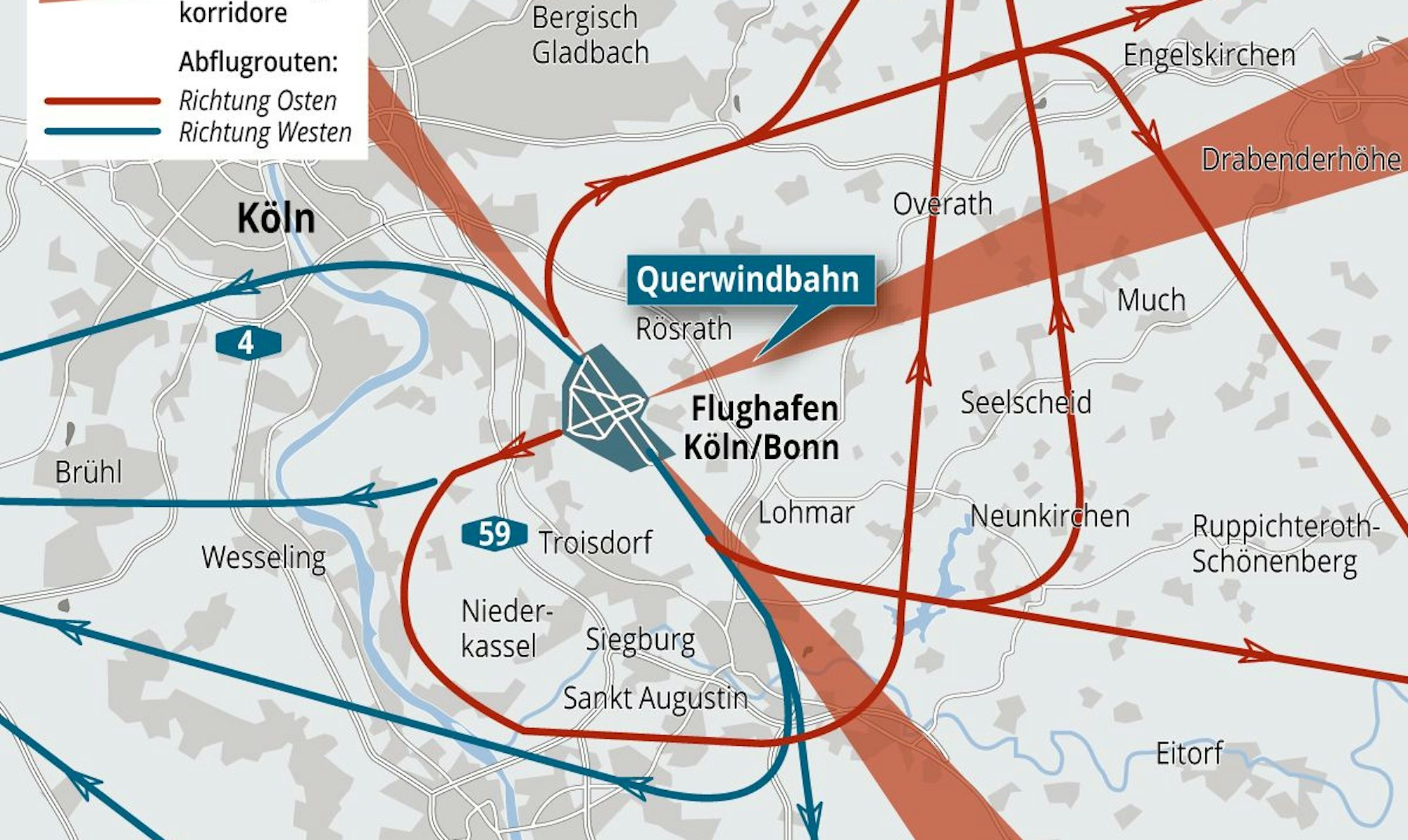 Die Anflug- und Abflugrouten am Flughafen Köln/Bonn bilden dicht beflogene Korridore.