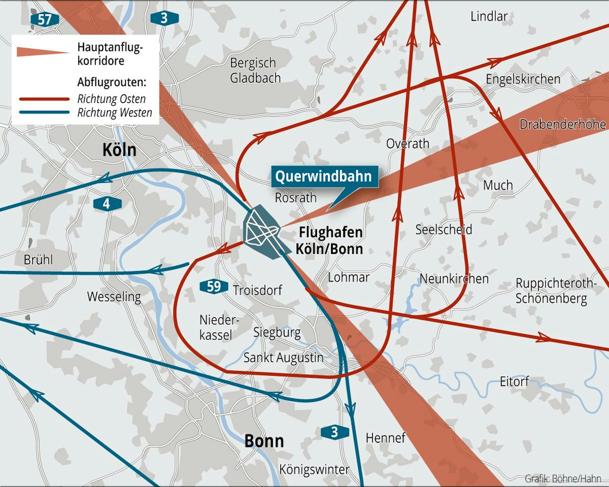 Die Anflug- und Abflugrouten am Flughafen Köln/Bonn bilden dicht beflogene Korridore.