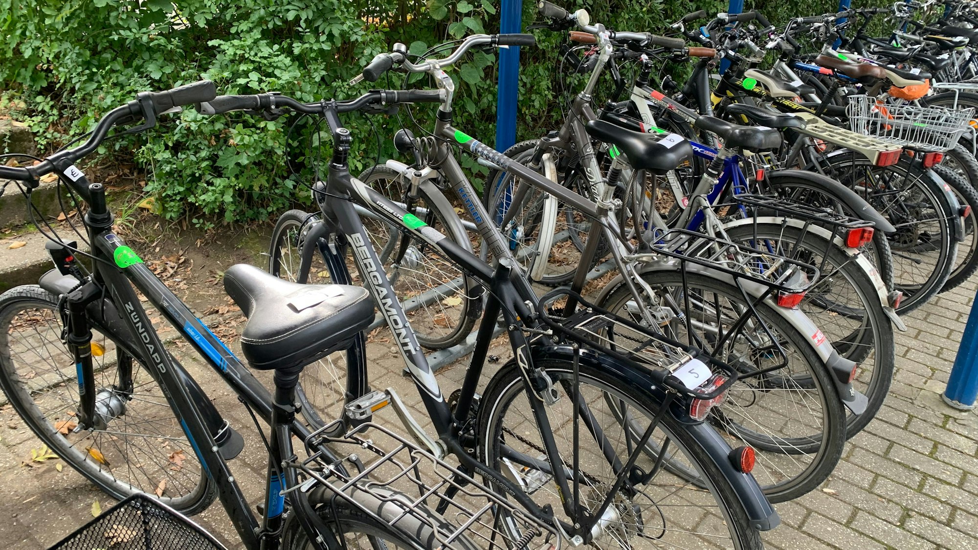 Fahrräder stehen bei einer Versteigerung in Troisdorf in Reihe, markiert mit grünen Aufklebern.