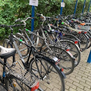 Bei der öffentlichen Versteigerung von Fundsachen besitzerlose Fahrräder stehen in einer Reihe.