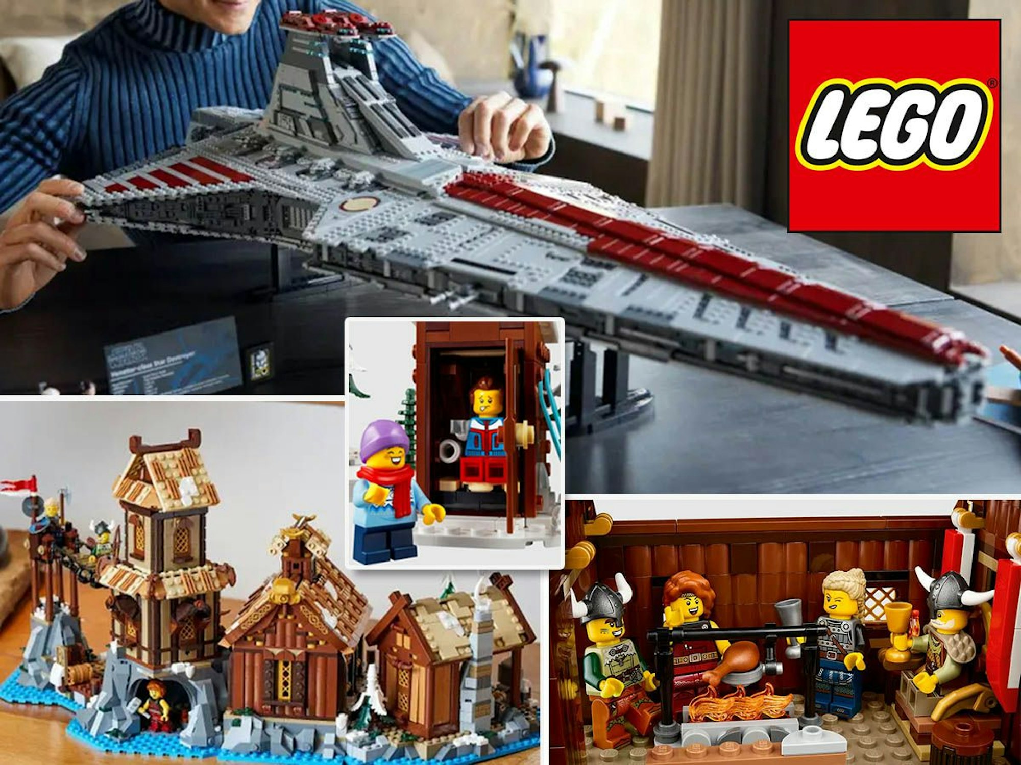 Lego-Neuheiten Oktober 2023: Lego Star Wars Republikanischer Angriffskreuzer Venator, Lego Wikingerdorf und Lego Almhütte, Bilder der Lego Modelle.