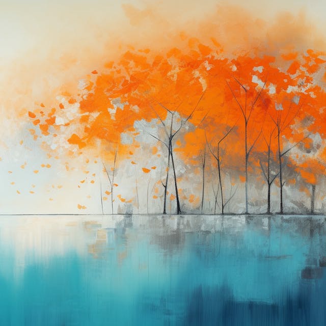 Illustration: Herbstliche Bäume spiegeln sich in einem See.
