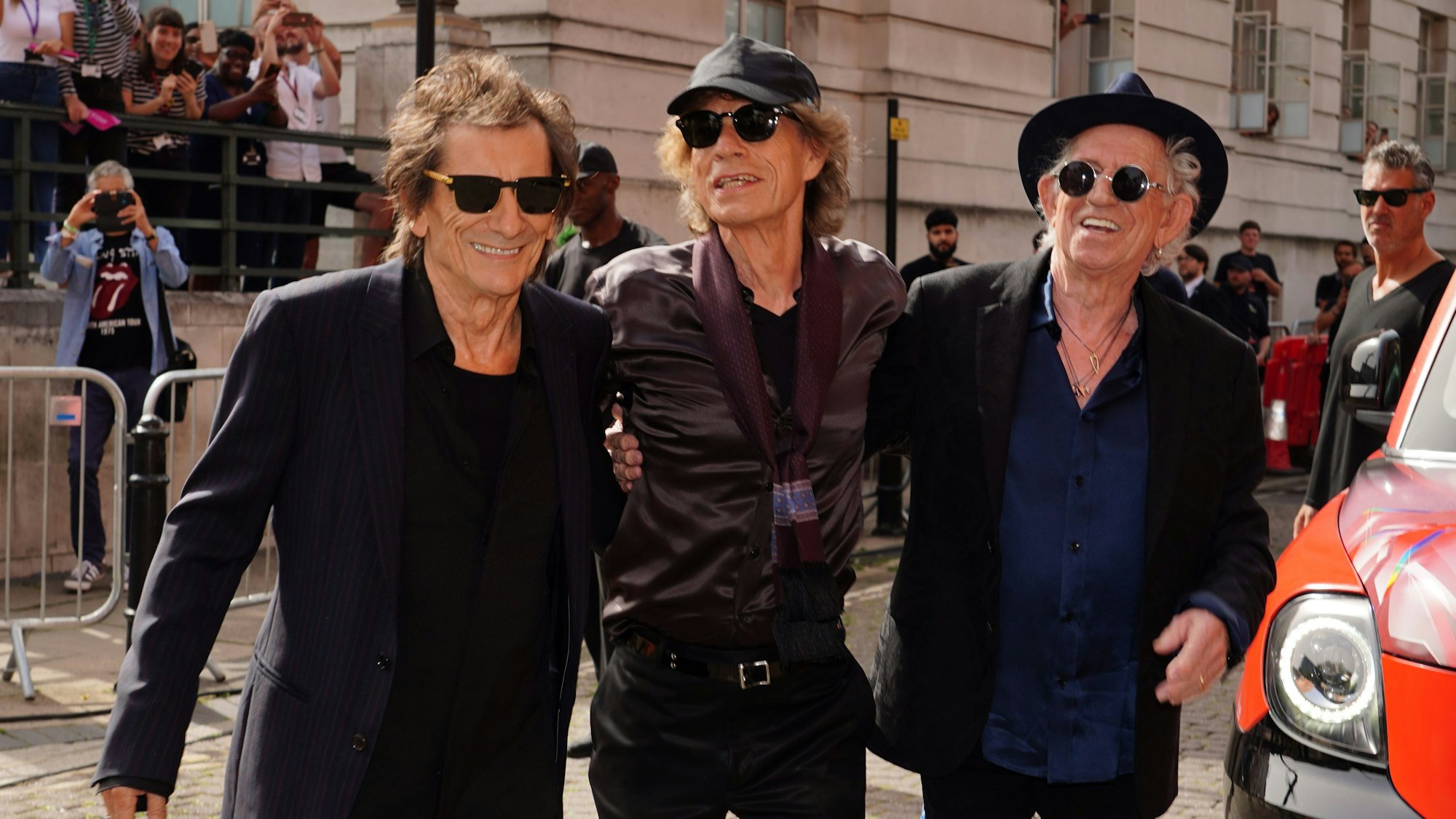 Ronnie Wood, Mick Jagger und Keith Richards von den Rolling Stones bei der Vorstellung des Albums „Hackney Diamonds“ im September 2023.