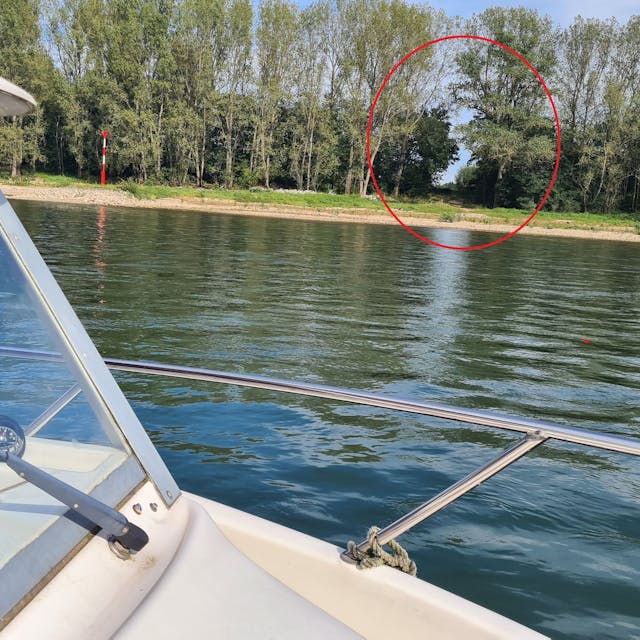 Vom Boot aus fotografiert ist ein Teil des Boots, der Rhein und eine Schneise am Ufer zu sehen.