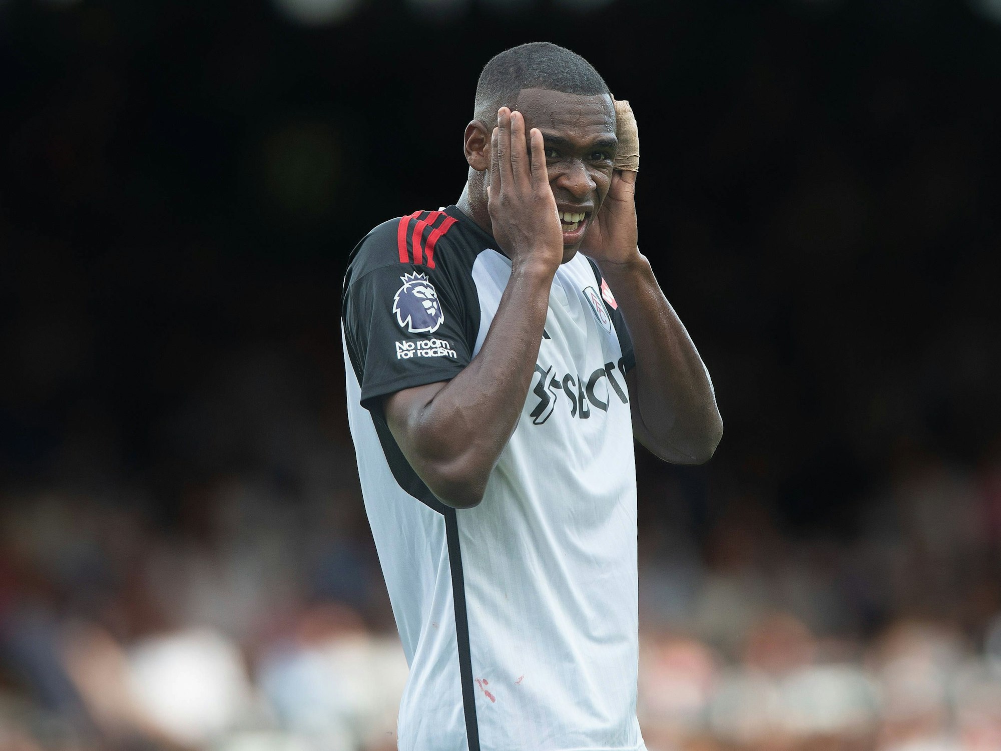 Fulham-Verteidiger Issa Diop fasst sich nach der Verletzung von Chris Basham entsetzt an den Kopf.