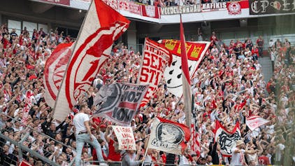 Kölner Fans machen Stimmung beim Spiel ihres FC in Leverkusen.