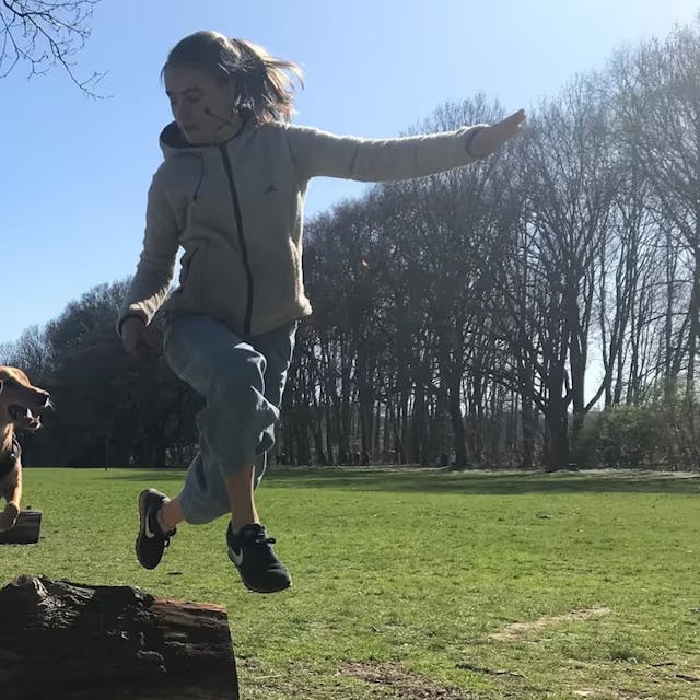 Ein Hund springt mit seiner Trainerin über einen Baumstamm
