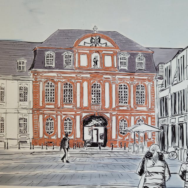 Eines der Kalenderblätter zeigt den Guidelplatz und den Eingangsbereich der Abtei Brauweiler.&nbsp;