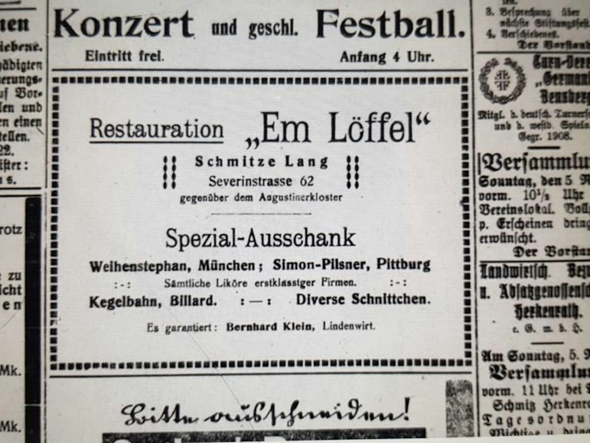 Ein Zeitungsausschnitt von 1922, der das Em Löffel bewirbt.