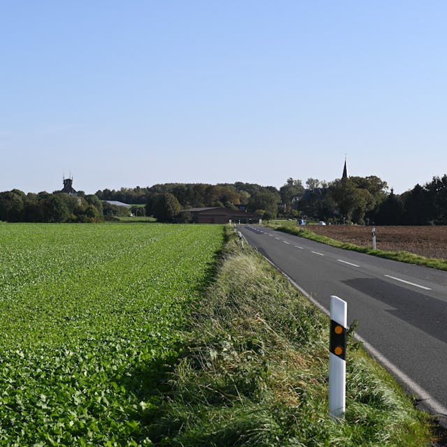 Das Foto zeigt Feld, dazwischen verläuft eine zweispurige Straße, im Hintergrund ist der Ort Büsdorf zu sehen.&nbsp;