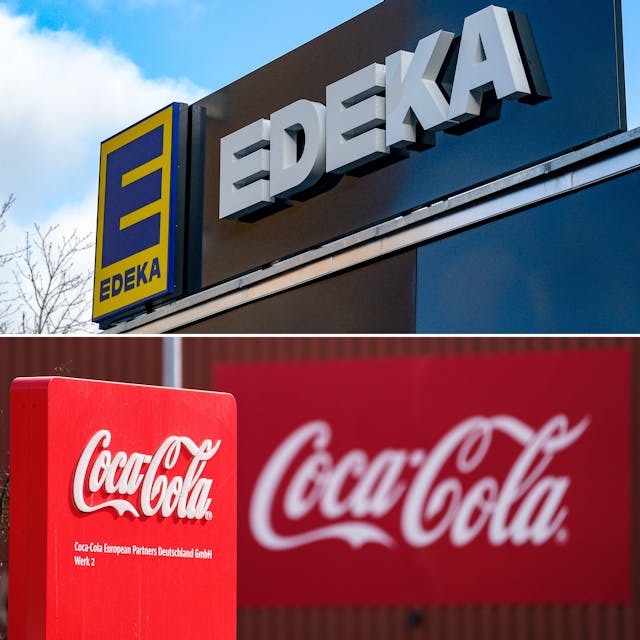 Die Logos des Einzelhändlers Edeka und des Getränkeherstellers Coca-Cola.