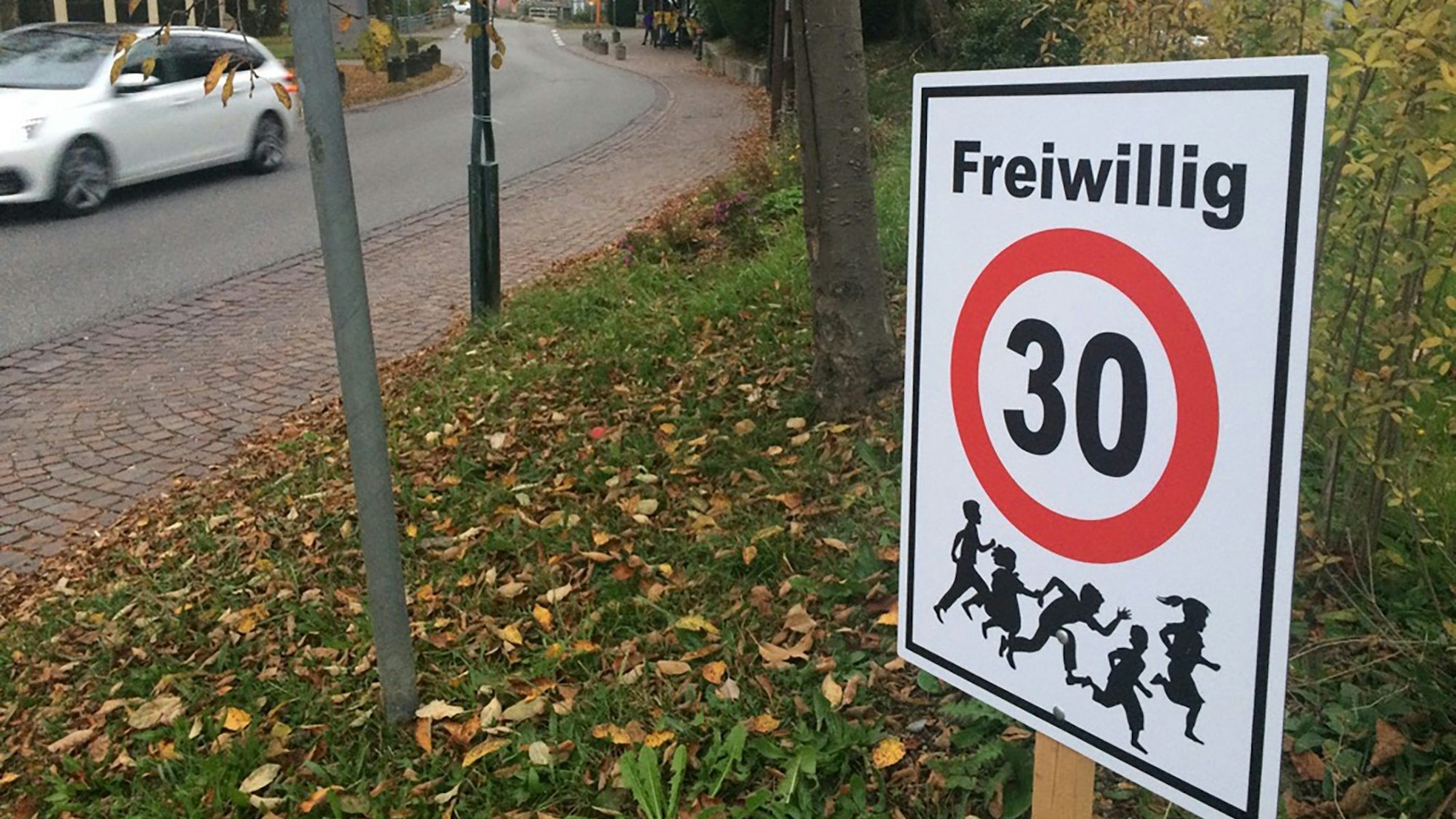 Ein „Freiwillig-Tempo-30“-Schild steht an einer Straße in der Gemeinde Gaienhofen im Kreis Konstanz.