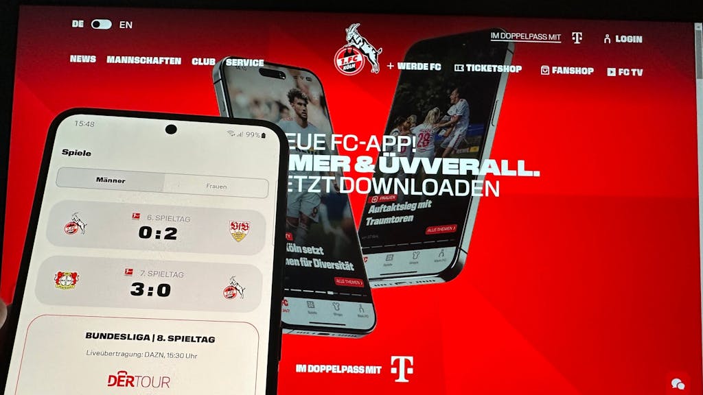 Ein Foto mit der App und der Homepage des 1. FC Köln.