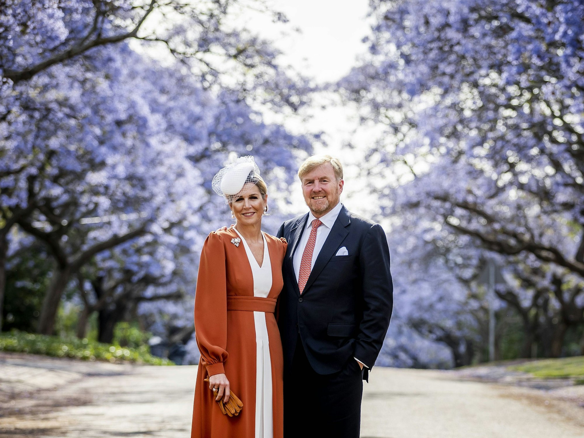 König Willem-Alexander und Königin Máxima posieren am ersten Tag ihres dreitägigen Staatsbesuchs in Südafrika vor den sogenannten Jacaranda Trees.