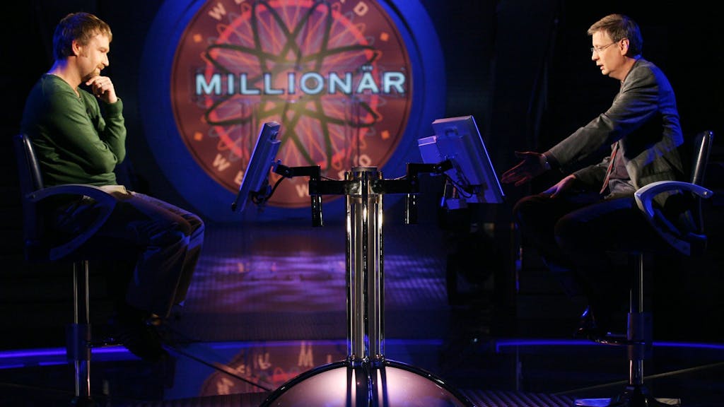 Volker Weininger und Günther Jauch im RTL-Studio von Wer wird Millionär? Der heutige Karnevalsstar gewann im Jahr 2007 stolze 32.000 Euro.