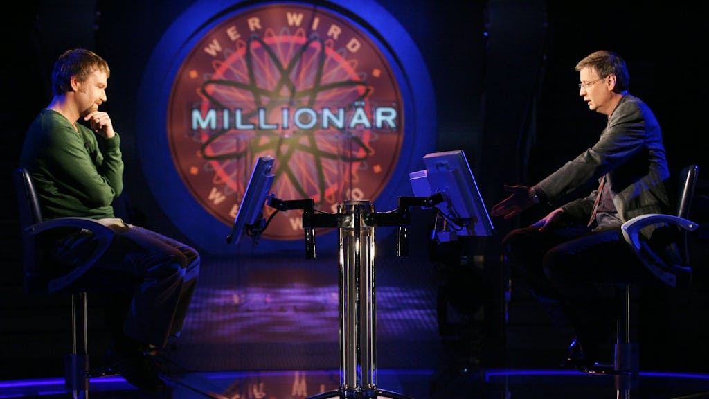 Volker Weininger und Günther Jauch im RTL-Studio von Wer wird Millionär? Der heutige Karnevalsstar gewann im Jahr 2007 stolze 32.000 Euro.