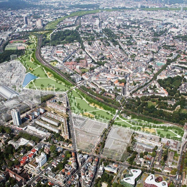 Ein grünes Band als Grüngürtelmodell erstreckt sich in einem Luftbilld mit Südstadt und Großmarkt.