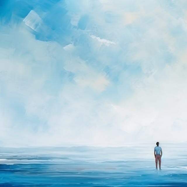 Illustration: Ein Mann blickt auf ruhiges Meer