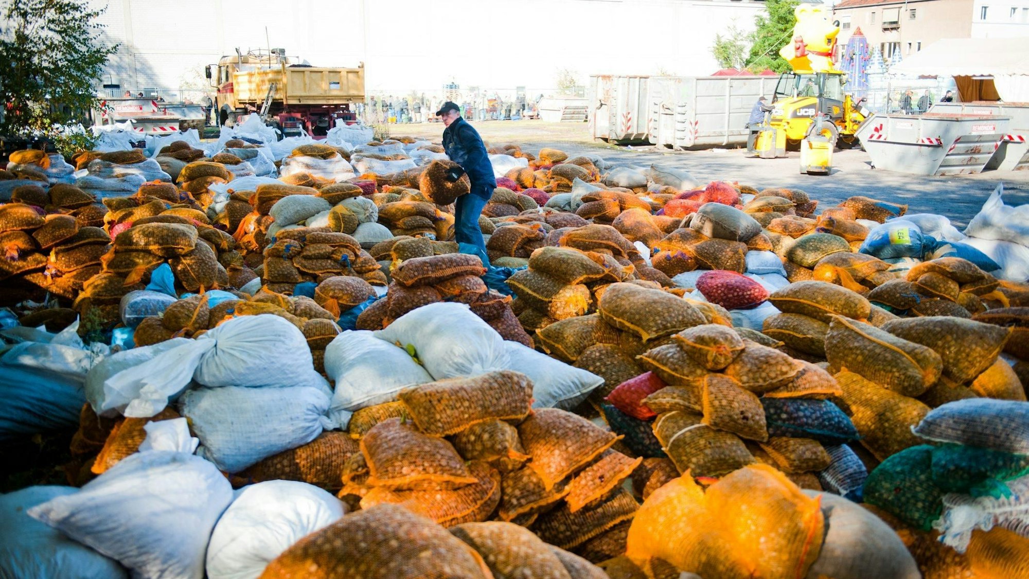Ein Haribo-Mitarbeitender sortiert zig Säcke voll Kastanien und Eicheln am Haribo-Standort in Grafschaft.