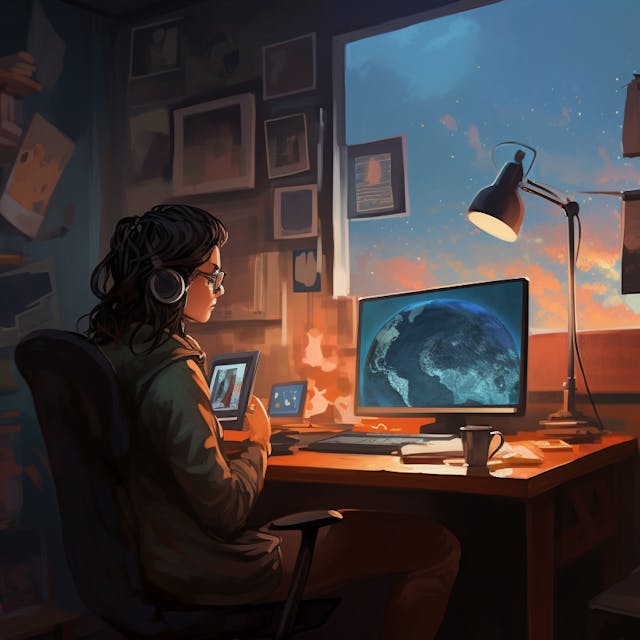 Illustration: Eine Frau sitzt an einem Schreibtisch mit Computer, ein Bücherregal im Hintergrund zu sehen.
