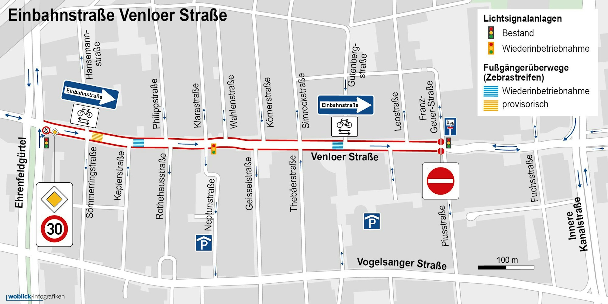 Grafik zeigt die Einbahnstraße zwischen dem Ehrenfeldgürtel und der Piusstraße/Franz-Geuer-Straße.