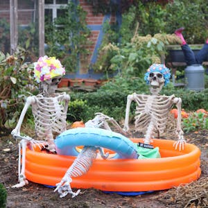 Zwei Skelette sitzen in einem Plantschbecken im Affen- und Vogelpark Eckenhagen.