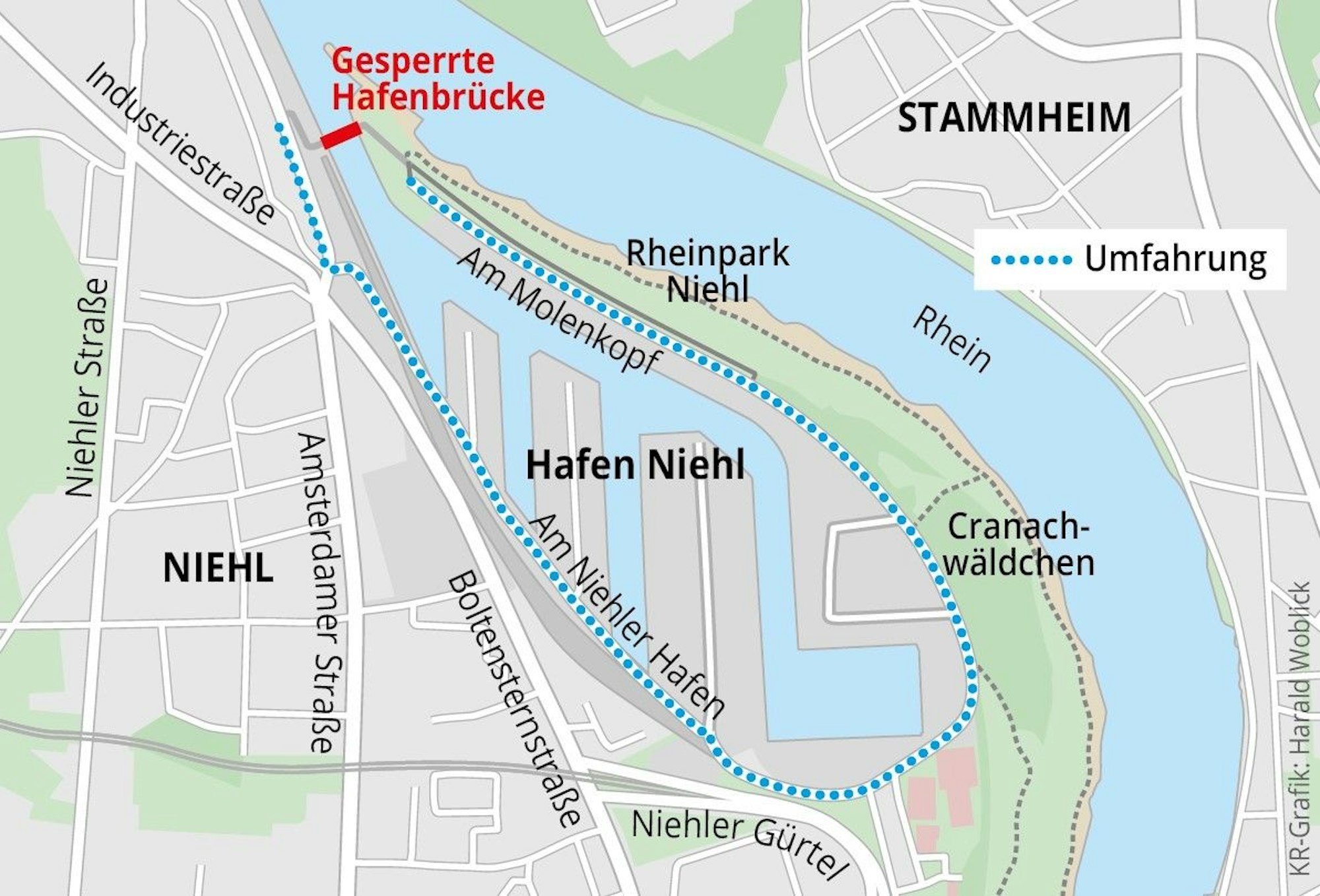 Die Grafik zeigt, dass die Sperrung der Fußgängerbrücke am Niehler Hafen zu weiten Umwegen führt.