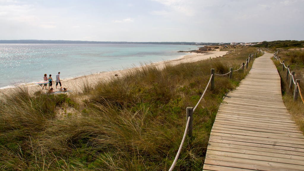 Der Strand Platja de Migjorn auf Formentera, sowie eine Gruppe Spaziergänger ist zu sehen.